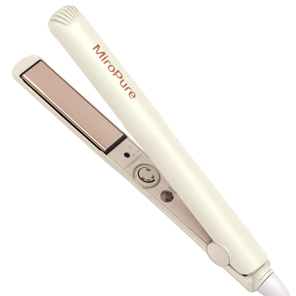 MiroPure front view of beige flat iron showing ergonomic shape and quick styling benefit