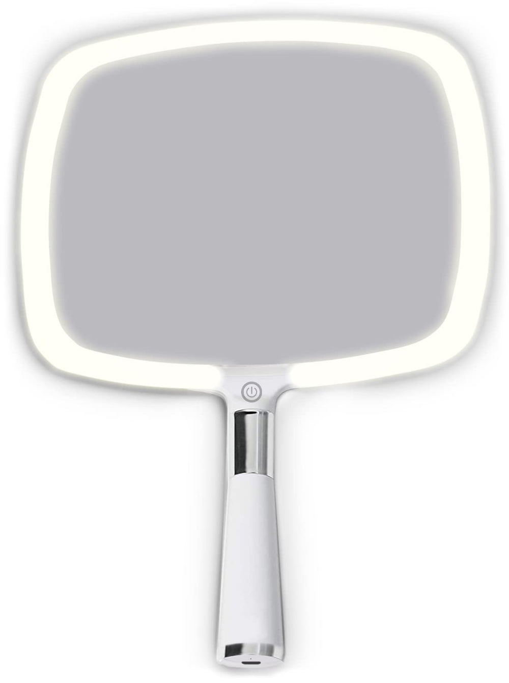 MIRRORVANA front view showing white handheld mirror and clean reflective surface for travel convenience