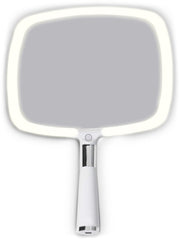 MIRRORVANA front view showing white handheld mirror and clean reflective surface for travel convenience