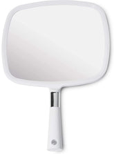 MIRRORVANA front view of white large hand mirror showing full reflective area and benefit of clear visibility
