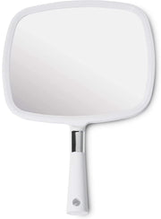 MIRRORVANA front view of white large hand mirror showing full reflective area and benefit of clear visibility