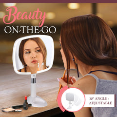 MIRRORVANA touch LED controls detail displaying three-color lighting and dimming benefit