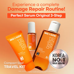 Mise En Scene Perfect Serum bottle closeup highlighting lightweight finish and shine