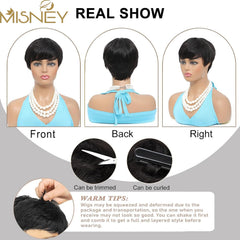 MISNEY side profile of short pixie wig demonstrating layered cut and polished look