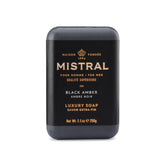 Mistral soap front packaging showing elegant bottle look and bold amber scent benefit