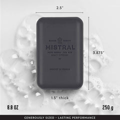 Mistral soap rich lather in hand demonstrating moisturizing cleanse benefit