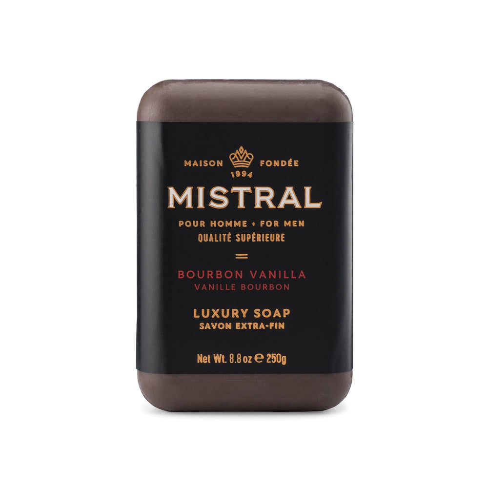 Mistral front packaging showing bourbon vanilla scent and premium bar benefit