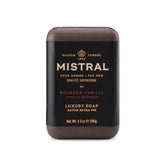 Mistral front packaging showing bourbon vanilla scent and premium bar benefit