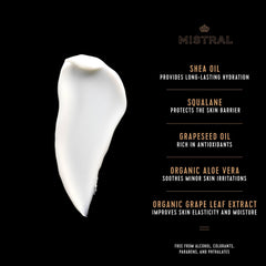 Mistral ingredient display with squalane shea and grapeseed for nourishment