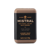 Mistral teak wood front packaging showing premium bar scent and size