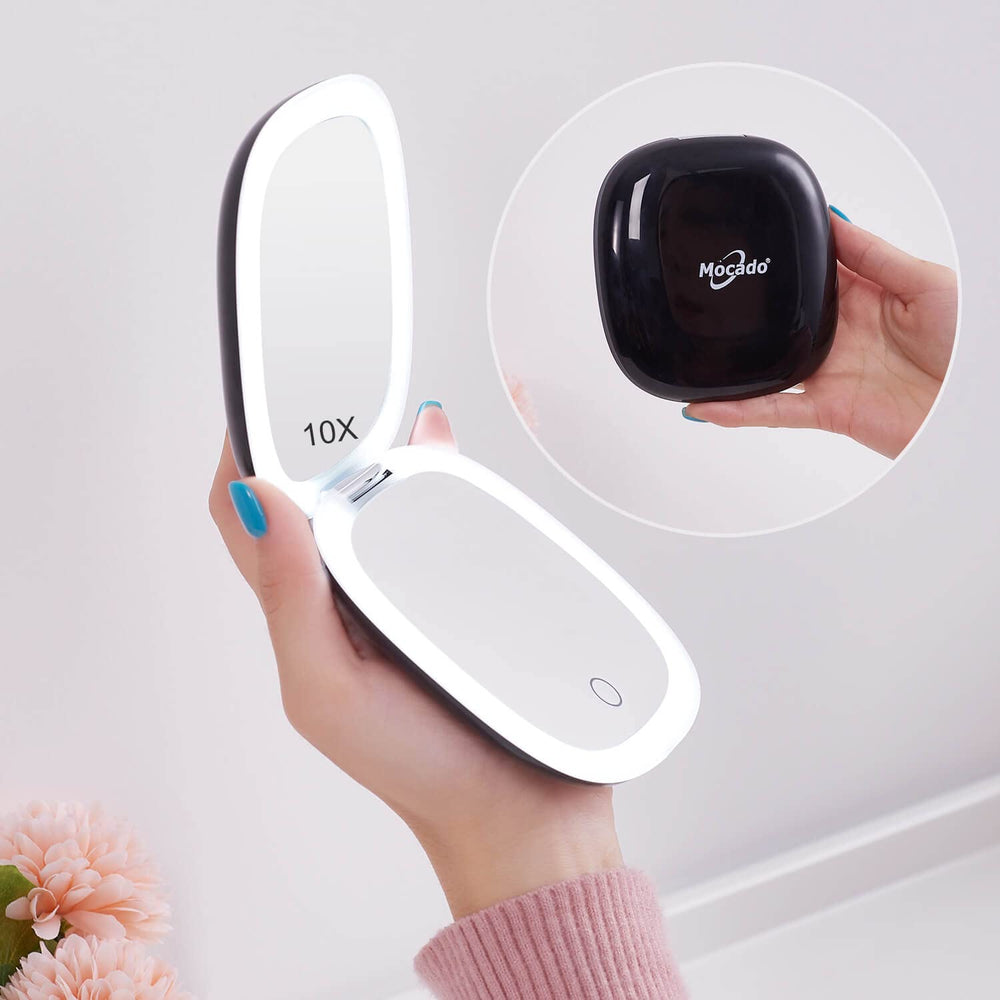 Mocado front view showing dual-sided mirror and LED light for accurate makeup