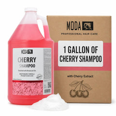 MODA front label on 128 oz shampoo showing product benefits