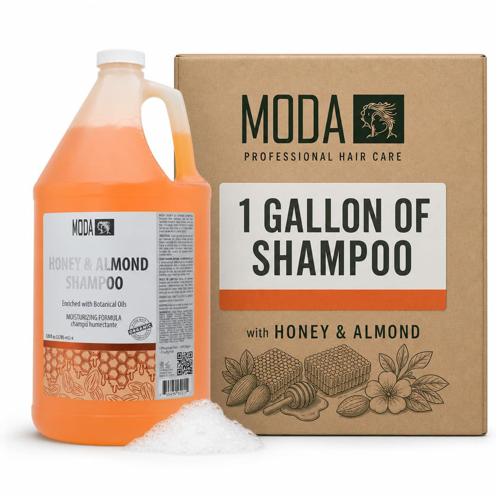 MODA front label of 128 oz shampoo showing product name and benefits