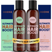 Moerie front packaging showing shampoo and conditioner promoting fuller hair