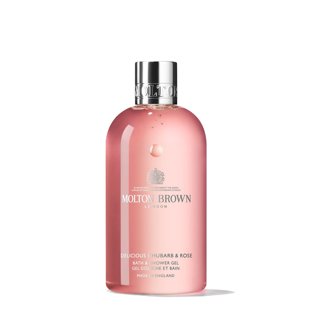 Molton Brown front packaging showing bottle and label, conveys luxury and scent