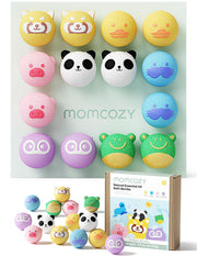 Momcozy front packaging showing 14-piece animal bath bomb set and gift appeal