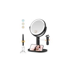 MOMOKUBA front view of black vanity mirror showing lights and base benefit organized routine