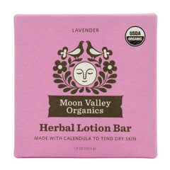 Moon Valley Organics front packaging showing lavender lotion bar benefits