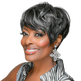 MOONSHOW front view of short grey pixie wig showing polished style benefit