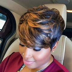MOONSHOW pixie front view showing natural brown look and instant polished style