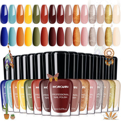 Morovan front packaging showing 15 boho nail polish bottles and color range for versatile styling