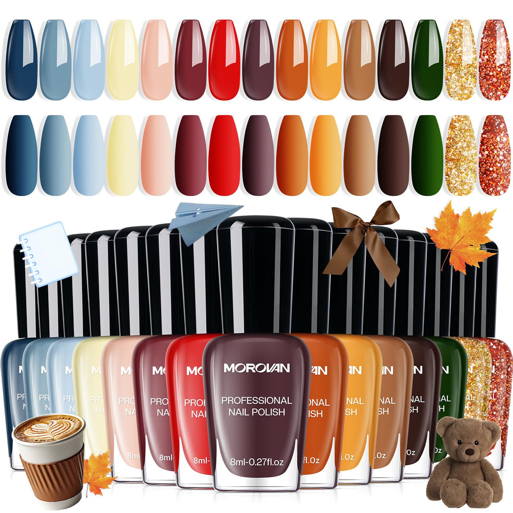 Morovan front packaging showing 15 autumn shades and easy storage benefit