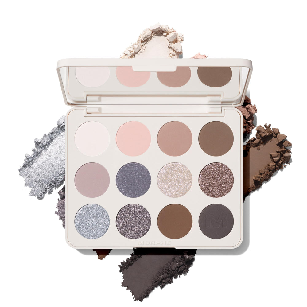 Morphe palette front open showing 12 shades and mirror for versatile looks