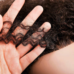 MORRIS top crown detail emphasizing dense curl pattern and parting options