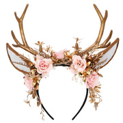 MOSTORY front view of floral antler headband, wearable festival accessory