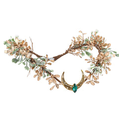 MOSTORY front view of gold moon crown showcasing elegant silhouette and woodland style