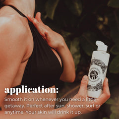 Mountain Ocean lotion on hand demonstrating quick absorption and moisturized skin