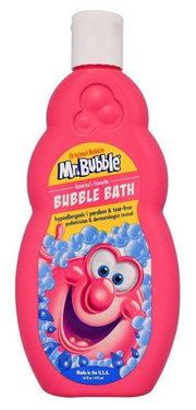 Mr. Bubble bottle front packaging showing label and size for easy identification and storage