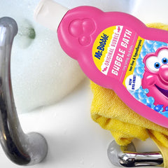 Mr. Bubble being poured into a running tub producing foam quickly