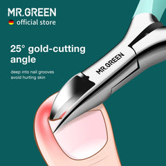 MR.GREEN blade close-up highlighting hardened steel edge for long-lasting sharpness