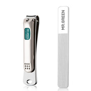 MR.GREEN front view showing compact stainless steel clippers and included glass file for neat grooming