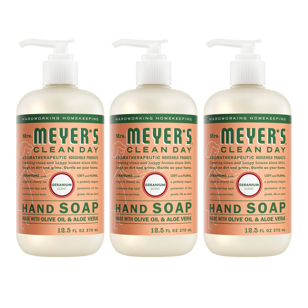 Mrs. MEYER'S front packaging showing three geranium soap bottles for tidy supply