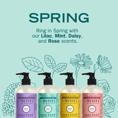 Mrs. Meyer's hand soap staged by a sink in a bright bathroom showing fresh scent appeal