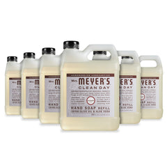 Mrs. MEYER'S front view of six lavender refill bottles showing quantity and packaging benefit