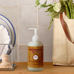 Mrs. MEYER'S pump detail with foamy lather demonstrating easy dispensing and effective rinsing