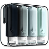 Mrsdry front view of four 6oz bottles with toiletry bag showing organized travel benefit