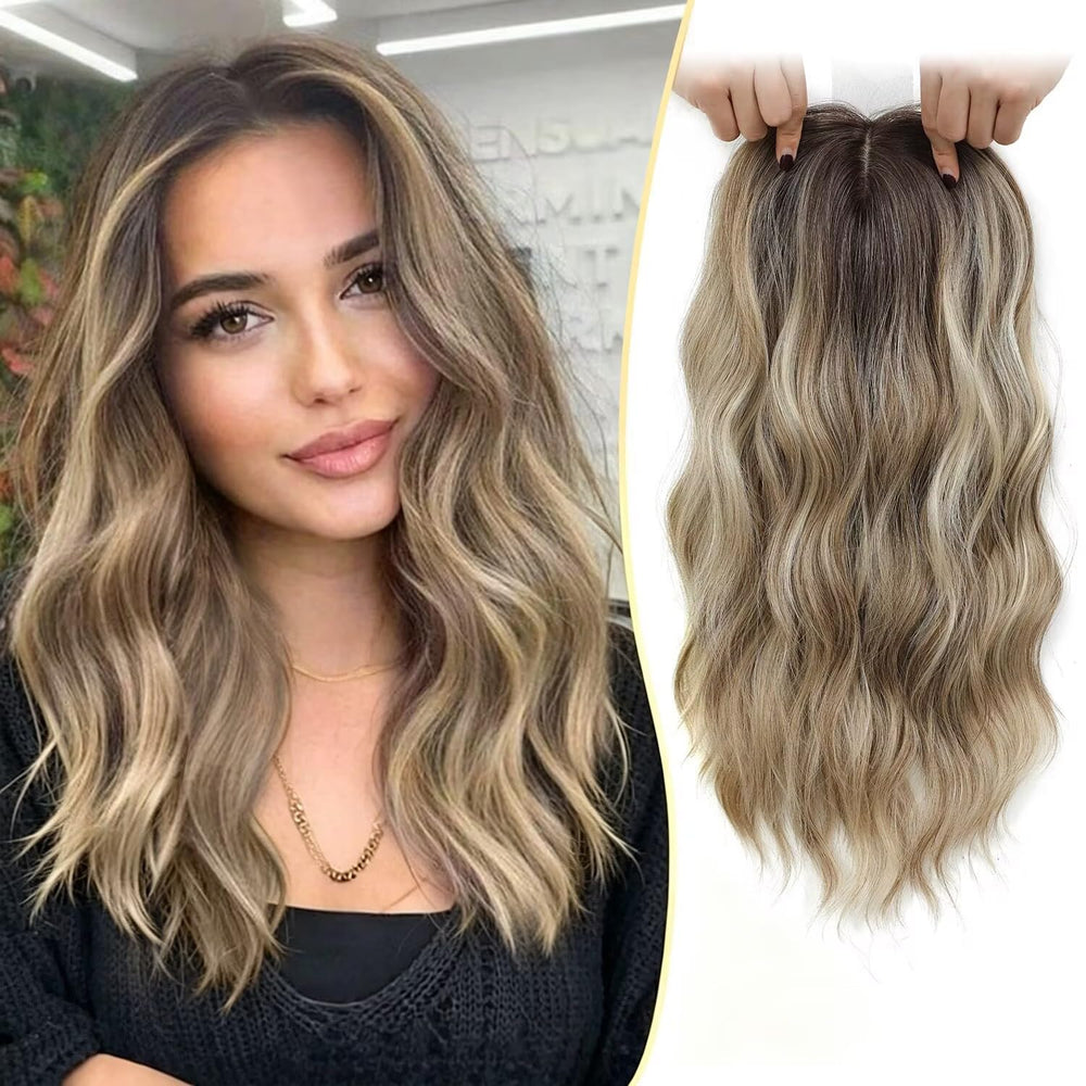 Ms Taj front view of ash blonde topper showing natural volume and quick styling benefit