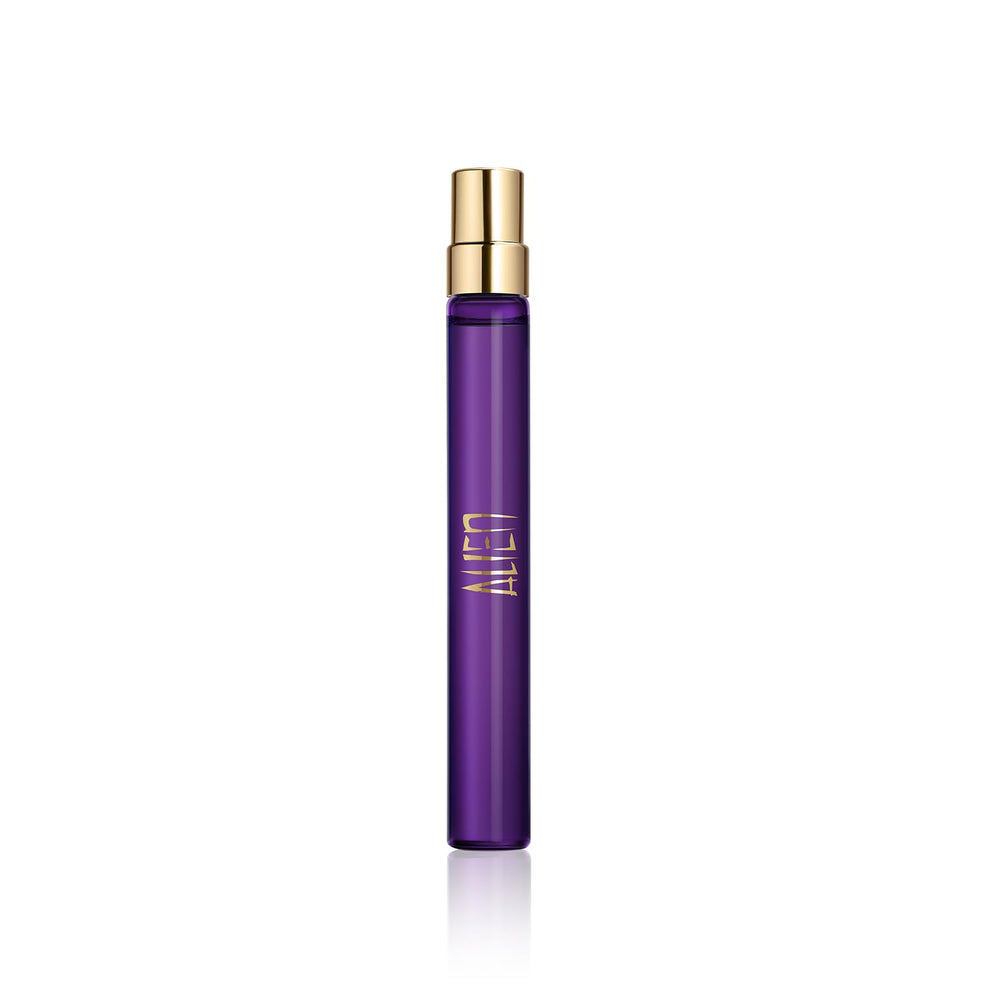 Mugler Alien travel size front bottle showing signature shape and portability benefit