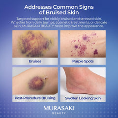 MURASAKI BEAUTY label close-up highlighting Arnica, Vitamin K, Vitamin E ingredients