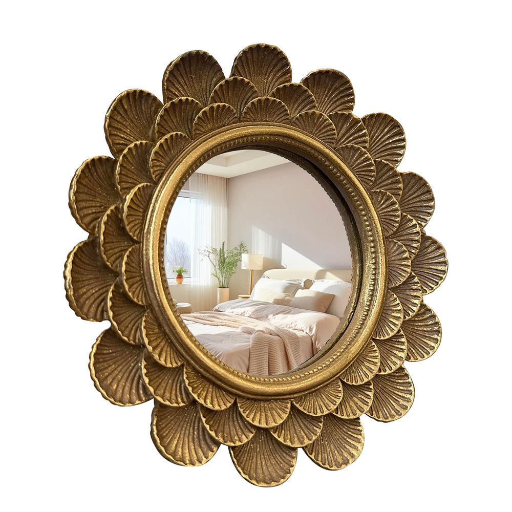 Musanpou front view of round antique gold mirror, decorative and clear reflection
