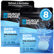 Muscle Rehab front packaging showing eight recovery bath bombs and brand clarity