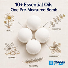 Muscle Rehab ingredients flatlay showing Epsom salt and essential oils benefits