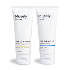Musely front packaging showing both cleanser and SPF for clear routine benefits