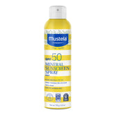 Mustela bottle front view showing SPF 50 protection and gentle formula