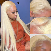 Myecool front view blonde wig showing full 30-inch length and vibrant 613 tone benefits a bold look