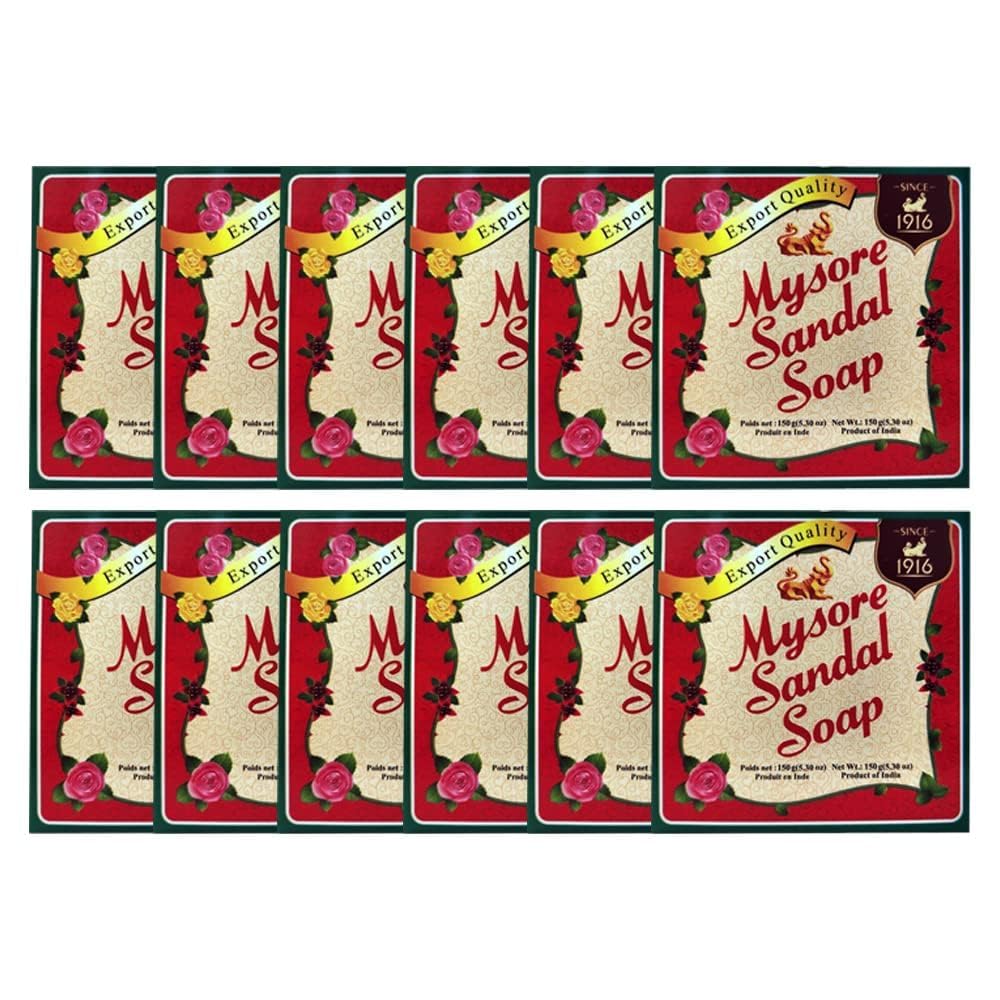Mysore Sandal front packaging showing 12 large 150g bars and clear value